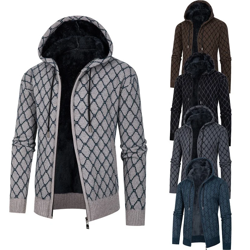 Herren Kapuzen-Strickjacke mit Teddy-Futter und Rautenmuster Drune
