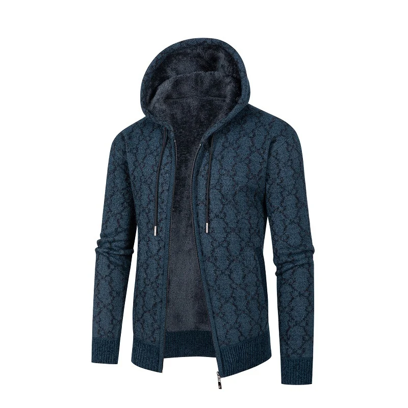 Herren Kapuzen-Strickjacke mit Teddy-Futter und Rautenmuster Drune