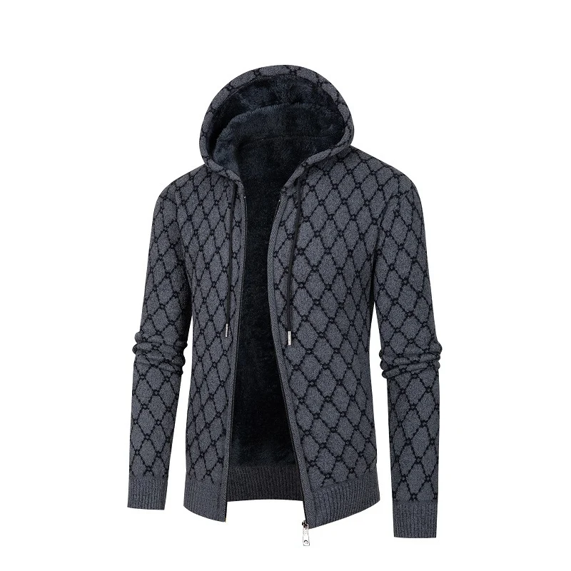 Herren Kapuzen-Strickjacke mit Teddy-Futter und Rautenmuster Drune