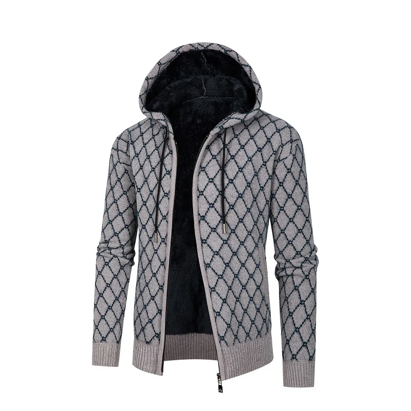 Herren Kapuzen-Strickjacke mit Teddy-Futter und Rautenmuster Drune