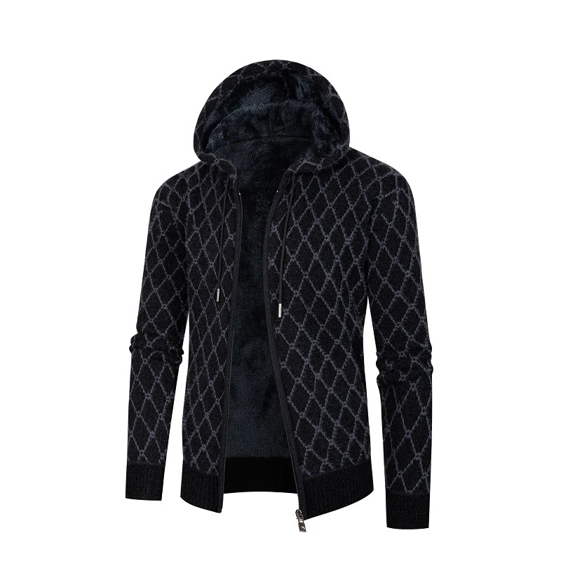 Herren Kapuzen-Strickjacke mit Teddy-Futter und Rautenmuster Drune