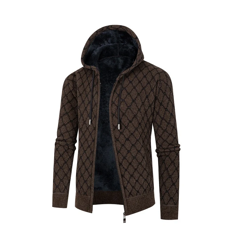 Herren Kapuzen-Strickjacke mit Teddy-Futter und Rautenmuster Drune