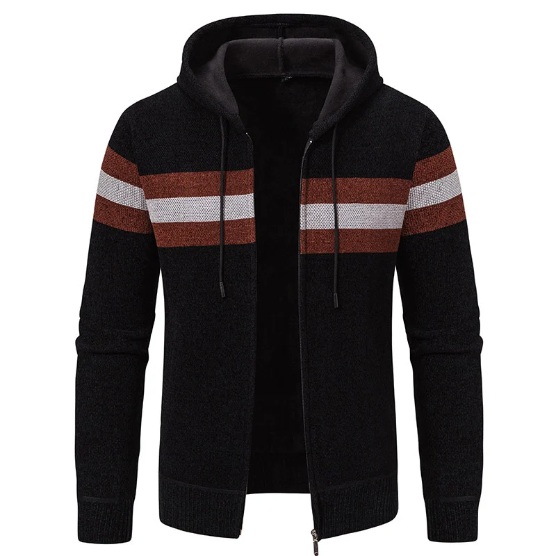 Herren Kapuzen-Strickjacke mit durchgehendem Reißverschluss, Kontraststreifen und Eingrifftaschen Drune
