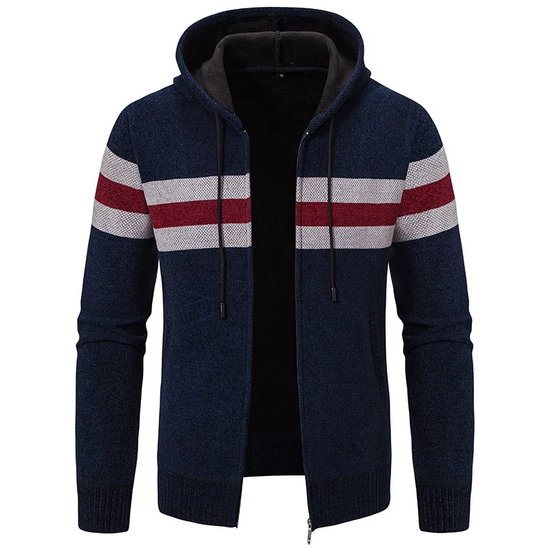 Herren Kapuzen-Strickjacke mit durchgehendem Reißverschluss, Kontraststreifen und Eingrifftaschen Drune
