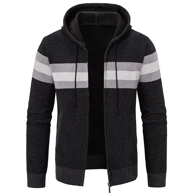 Herren Kapuzen-Strickjacke mit durchgehendem Reißverschluss, Kontraststreifen und Eingrifftaschen Drune