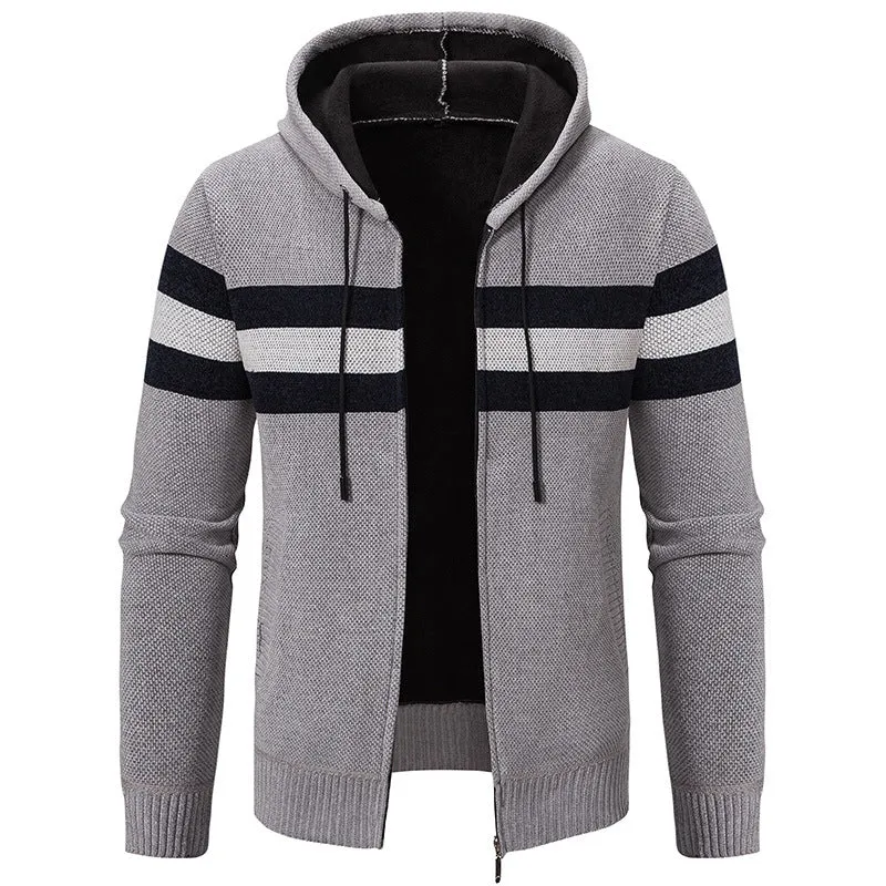 Herren Kapuzen-Strickjacke mit durchgehendem Reißverschluss, Kontraststreifen und Eingrifftaschen Drune
