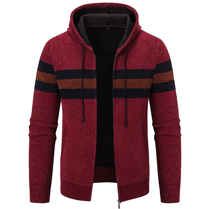 Herren Kapuzen-Strickjacke mit durchgehendem Reißverschluss, Kontraststreifen und Eingrifftaschen Drune