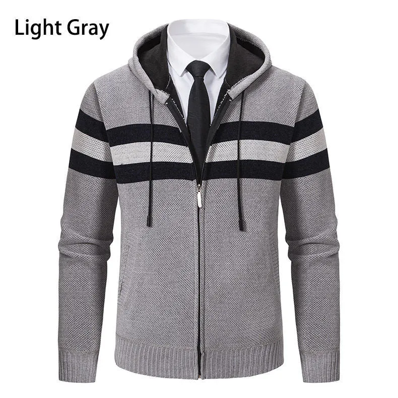 Herren Kapuzen-Strickjacke mit durchgehendem Reißverschluss, Kontraststreifen und Eingrifftaschen Drune