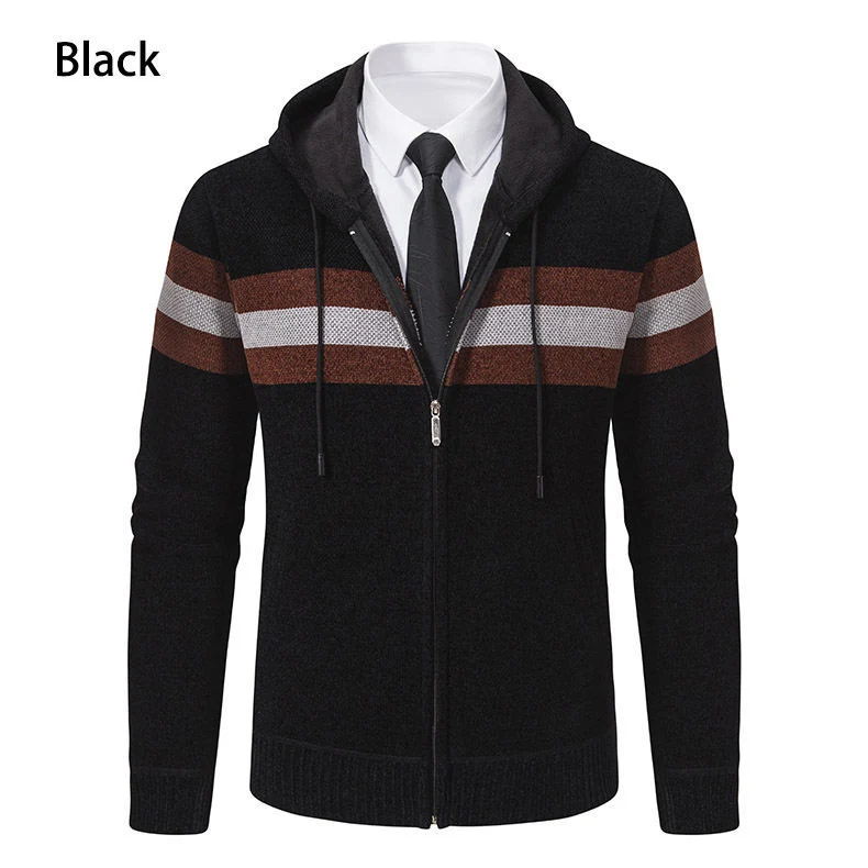 Herren Kapuzen-Strickjacke mit durchgehendem Reißverschluss, Kontraststreifen und Eingrifftaschen Drune