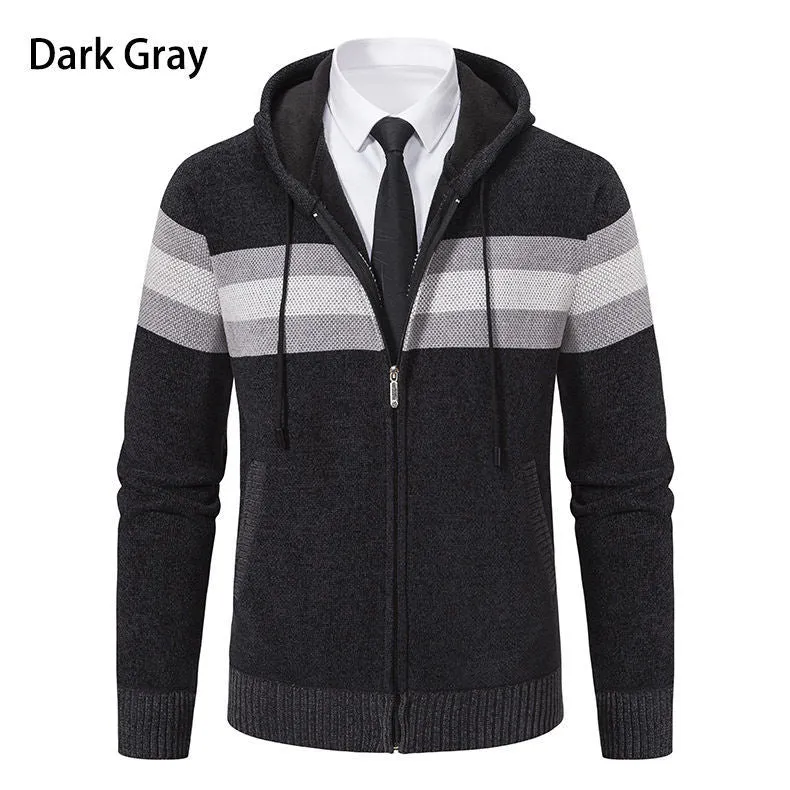 Herren Kapuzen-Strickjacke mit durchgehendem Reißverschluss, Kontraststreifen und Eingrifftaschen Drune