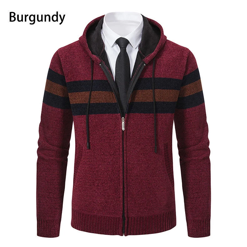 Herren Kapuzen-Strickjacke mit durchgehendem Reißverschluss, Kontraststreifen und Eingrifftaschen Drune