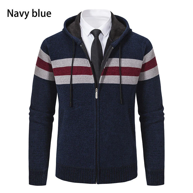 Herren Kapuzen-Strickjacke mit durchgehendem Reißverschluss, Kontraststreifen und Eingrifftaschen Drune