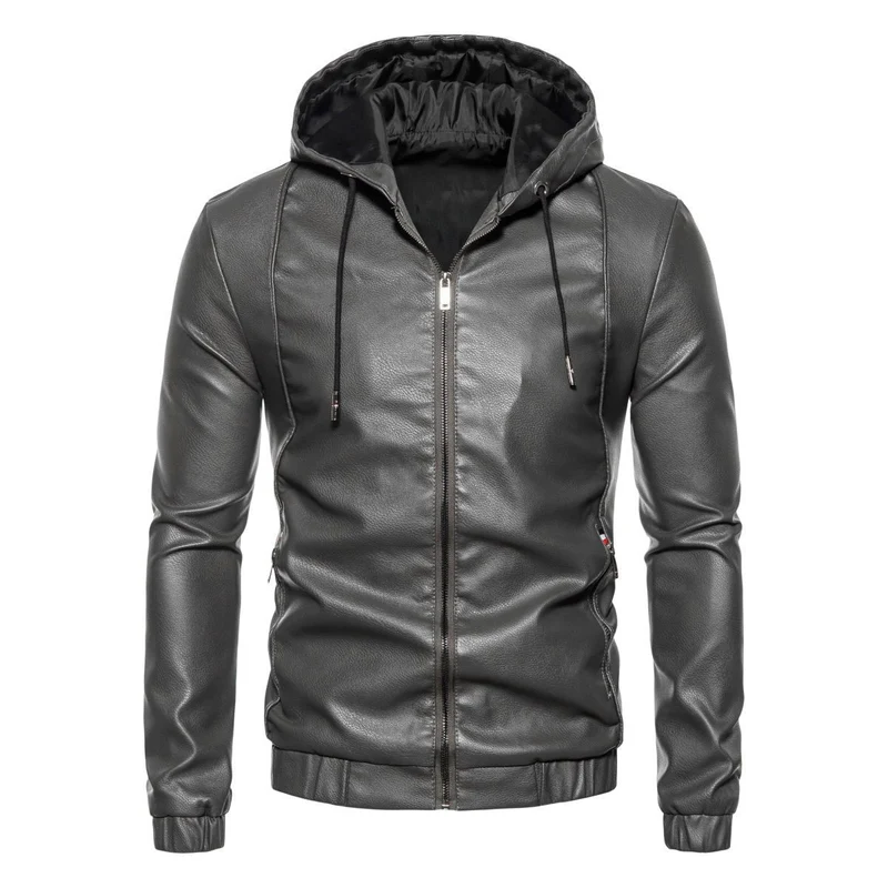 Herren Kapuzen-Lederjacke im Bikerstil mit Reißverschluss und schmaler Silhouette Drune