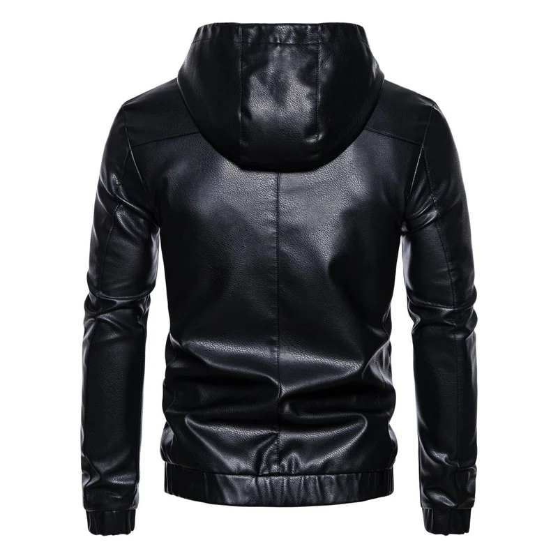 Herren Kapuzen-Lederjacke im Bikerstil mit Reißverschluss und schmaler Silhouette Drune