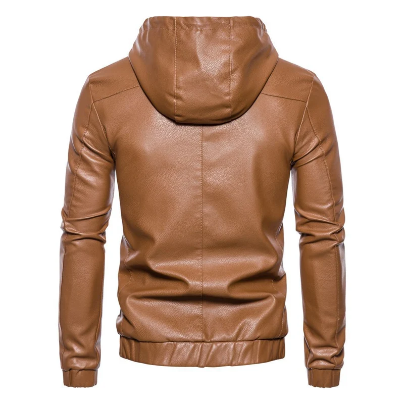 Herren Kapuzen-Lederjacke im Bikerstil mit Reißverschluss und schmaler Silhouette Drune