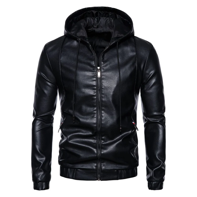 Herren Kapuzen-Lederjacke im Bikerstil mit Reißverschluss und schmaler Silhouette Drune