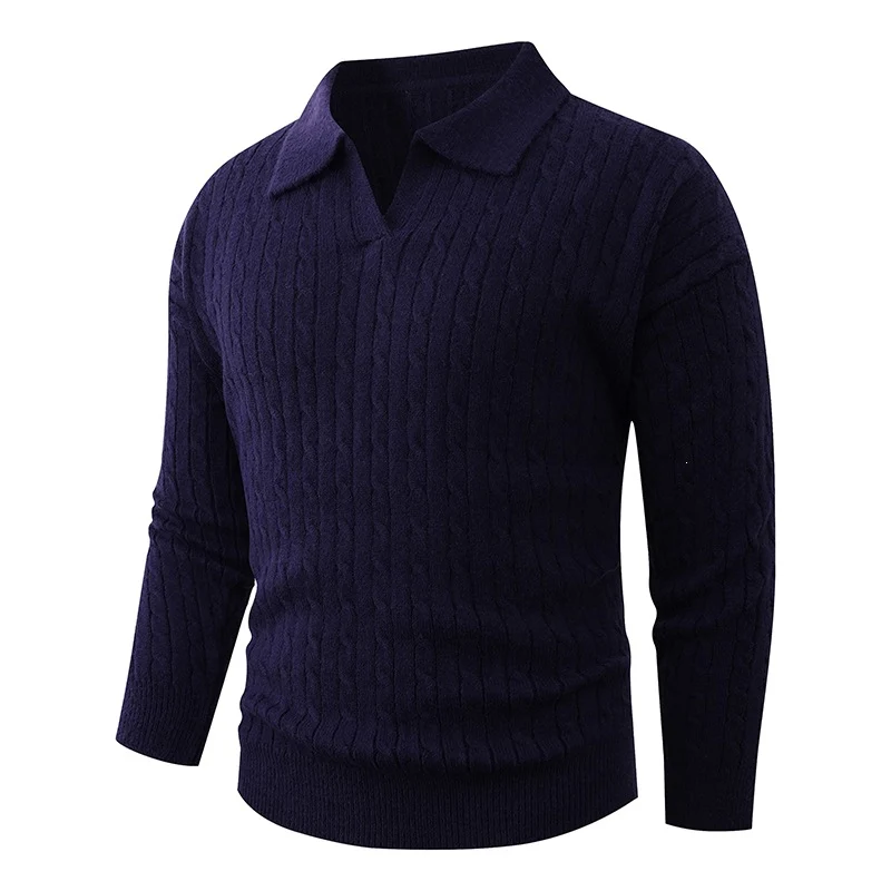 Herren Kabelstrick-Polo-Pullover mit V-Ausschnitt und Zopfmuster Drune