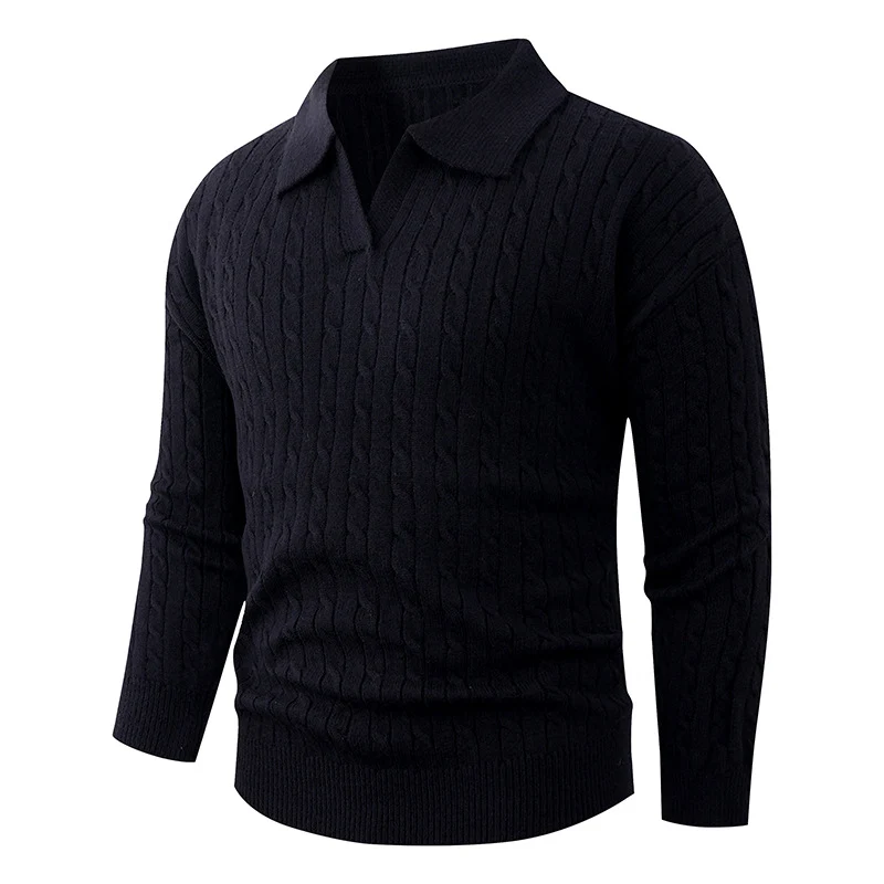 Herren Kabelstrick-Polo-Pullover mit V-Ausschnitt und Zopfmuster Drune