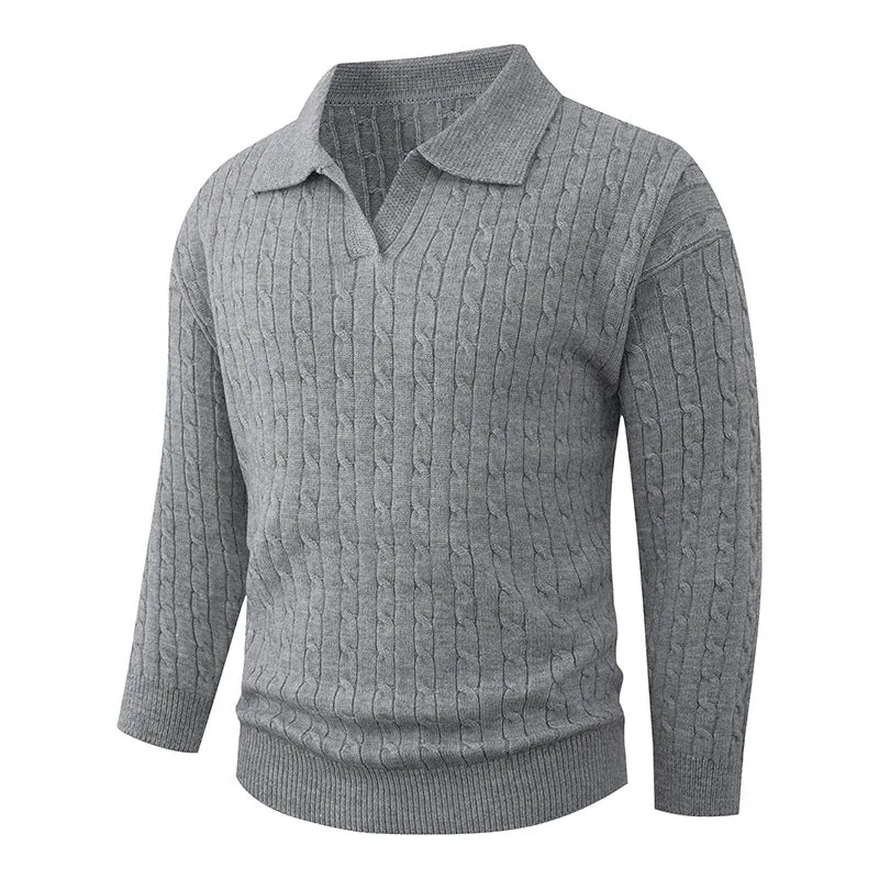 Herren Kabelstrick-Polo-Pullover mit V-Ausschnitt und Zopfmuster Drune