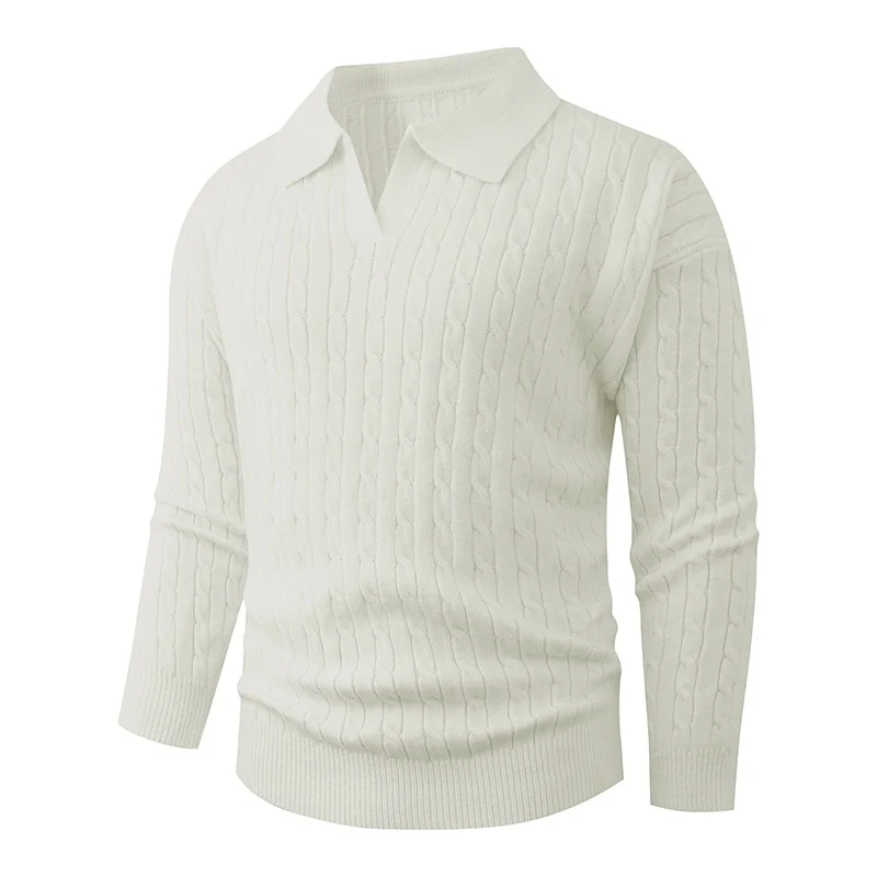 Herren Kabelstrick-Polo-Pullover mit V-Ausschnitt und Zopfmuster Drune