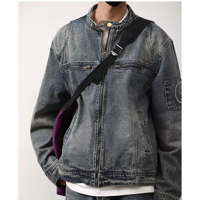 Herren Jeansjacke im Vintage‑Wash mit Stehkragen und Reißverschluss Drune