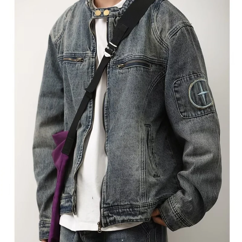 Herren Jeansjacke im Vintage‑Wash mit Stehkragen und Reißverschluss Drune