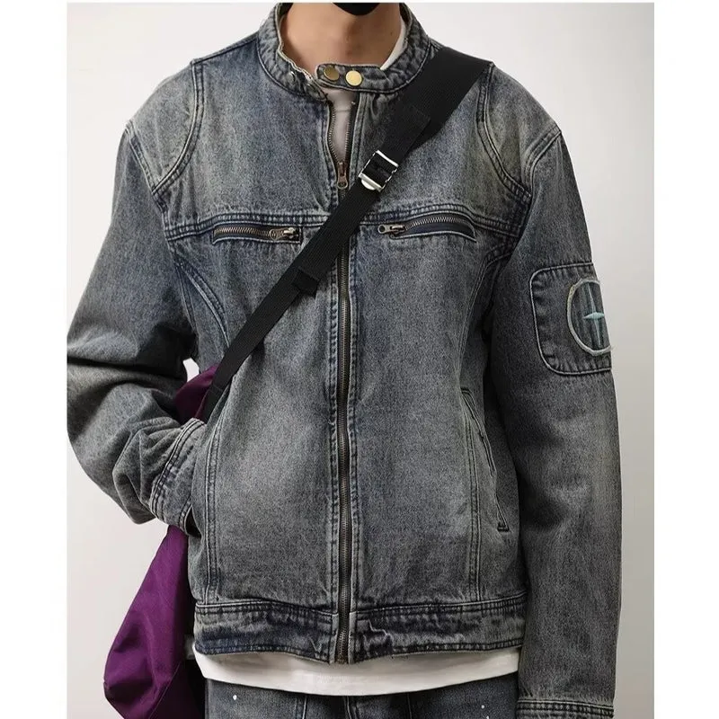Herren Jeansjacke im Vintage‑Wash mit Stehkragen und Reißverschluss Drune
