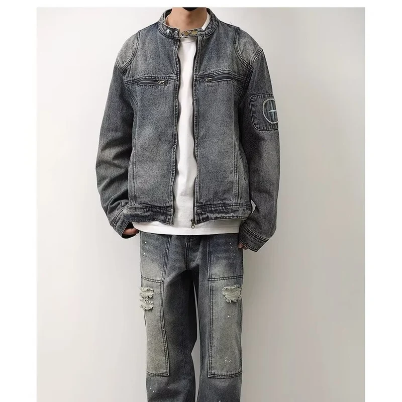 Herren Jeansjacke im Vintage‑Wash mit Stehkragen und Reißverschluss Drune
