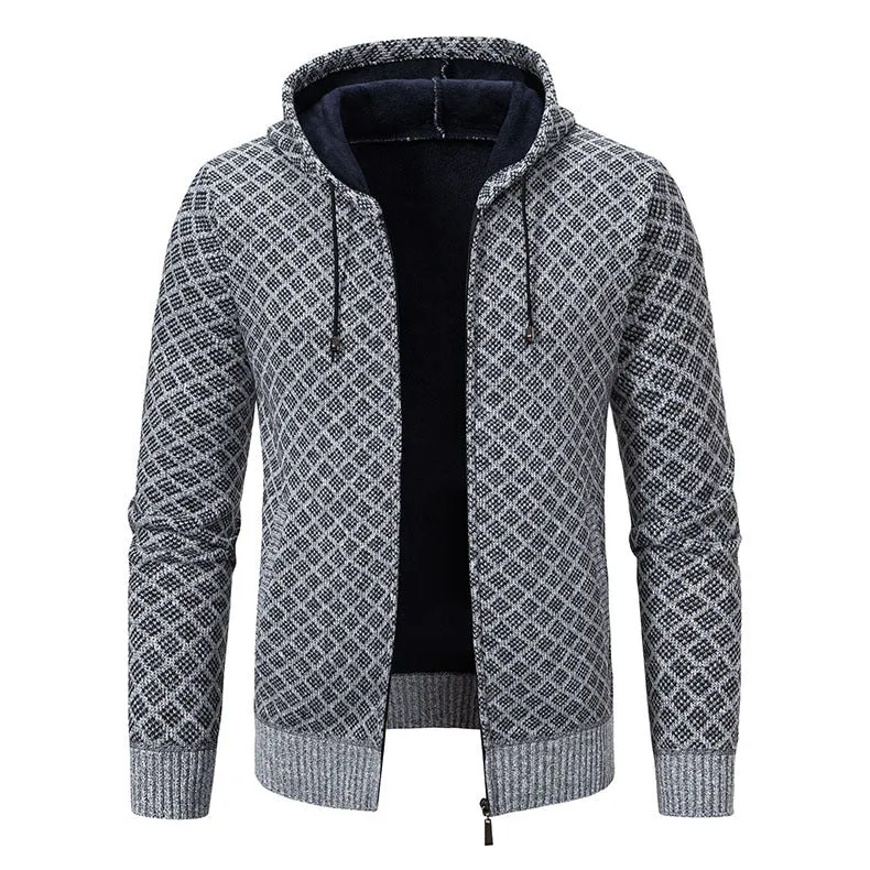 Herren Jacquard-Zipstrickjacke mit Kapuze und wärmendem Fleecefutter Drune
