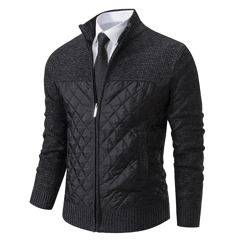 Herren Hybrid‑Strickjacke mit gestepptem Frontpanel, Stehkragen und durchgehendem Reißverschluss Drune