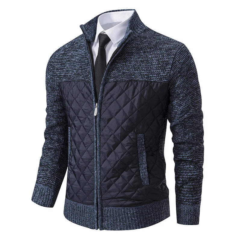 Herren Hybrid‑Strickjacke mit gestepptem Frontpanel, Stehkragen und durchgehendem Reißverschluss Drune