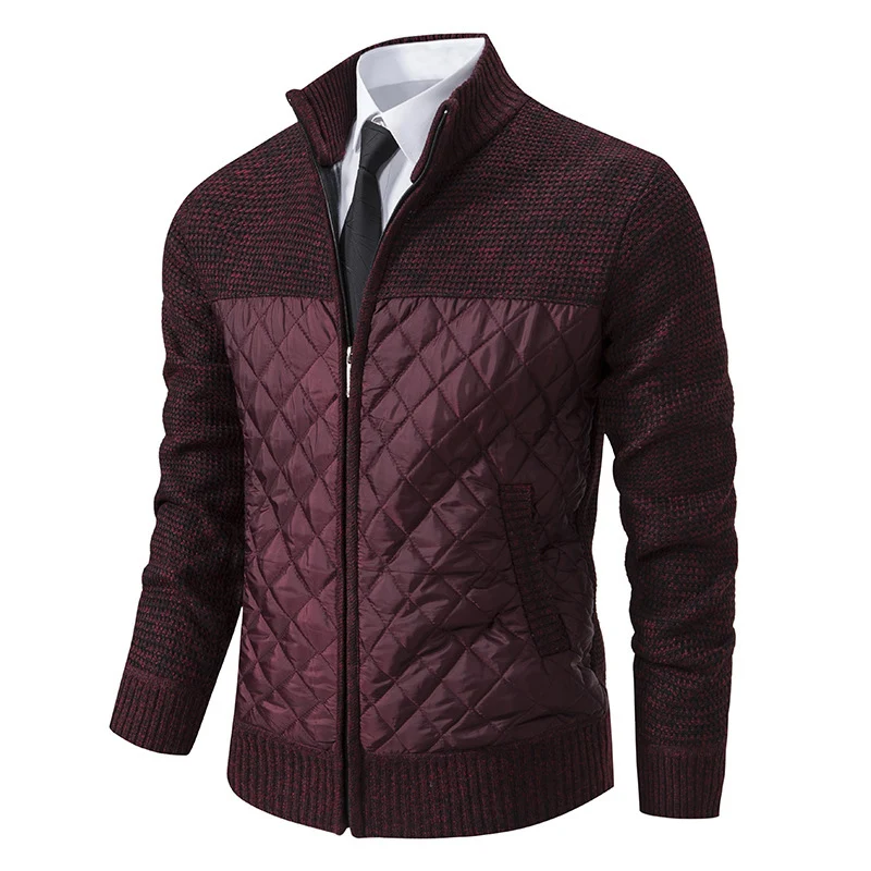 Herren Hybrid‑Strickjacke mit gestepptem Frontpanel, Stehkragen und durchgehendem Reißverschluss Drune