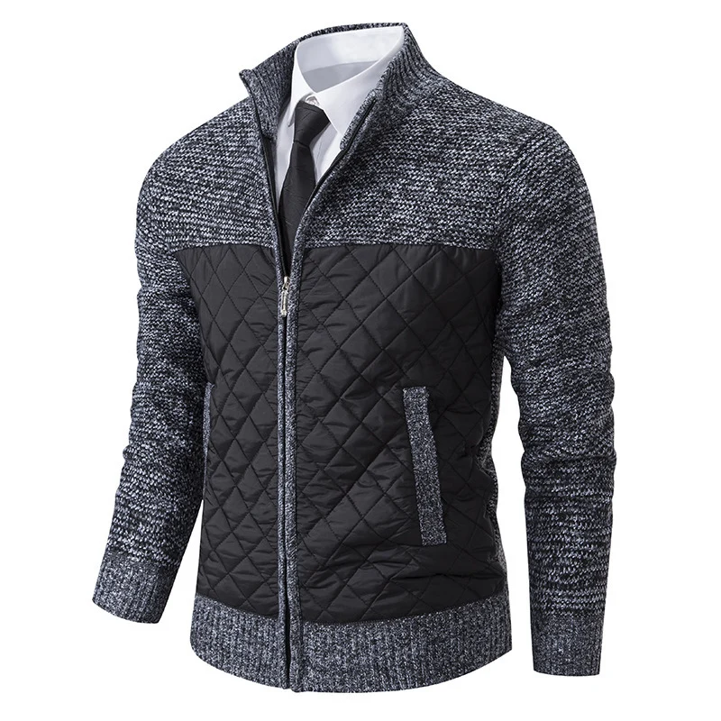 Herren Hybrid‑Strickjacke mit gestepptem Frontpanel, Stehkragen und durchgehendem Reißverschluss Drune
