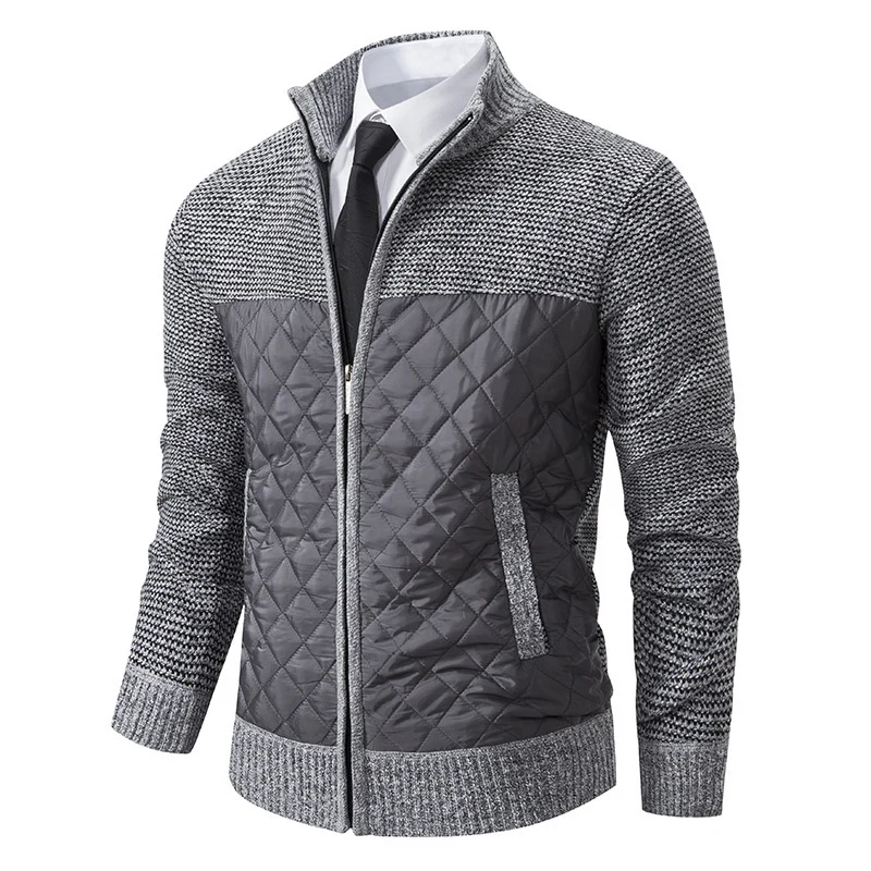 Herren Hybrid‑Strickjacke mit gestepptem Frontpanel, Stehkragen und durchgehendem Reißverschluss Drune