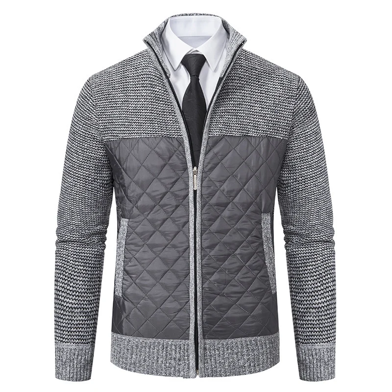Herren Hybrid‑Strickjacke mit gestepptem Frontpanel, Stehkragen und durchgehendem Reißverschluss Drune