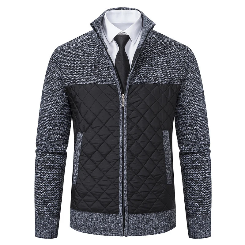 Herren Hybrid‑Strickjacke mit gestepptem Frontpanel, Stehkragen und durchgehendem Reißverschluss Drune