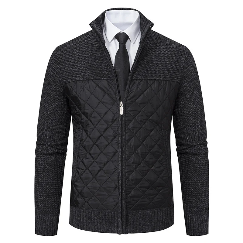 Herren Hybrid‑Strickjacke mit gestepptem Frontpanel, Stehkragen und durchgehendem Reißverschluss Drune