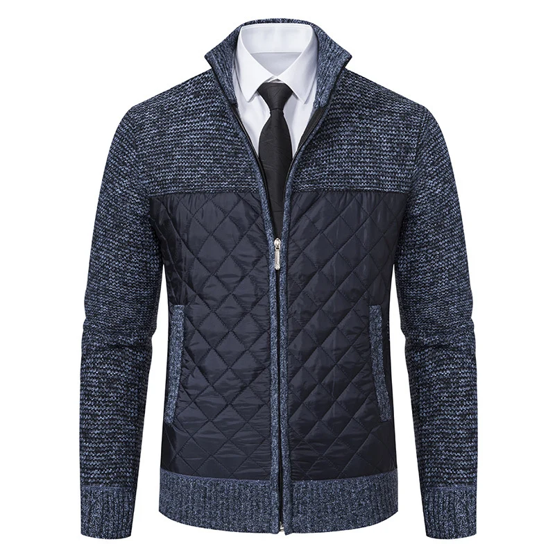 Herren Hybrid‑Strickjacke mit gestepptem Frontpanel, Stehkragen und durchgehendem Reißverschluss Drune
