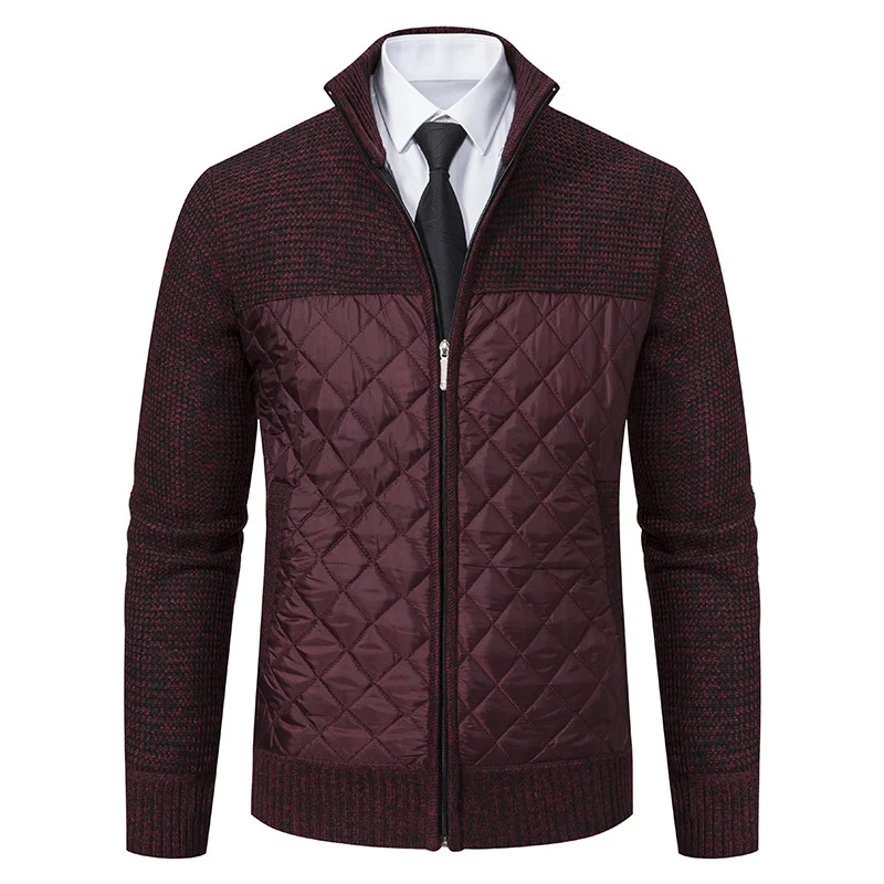 Herren Hybrid‑Strickjacke mit gestepptem Frontpanel, Stehkragen und durchgehendem Reißverschluss Drune