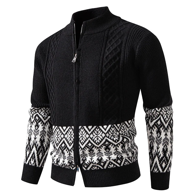 Herren Hochwertige Norweger-Zip-Strickjacke mit Zopfmuster und Stehkragen Drune