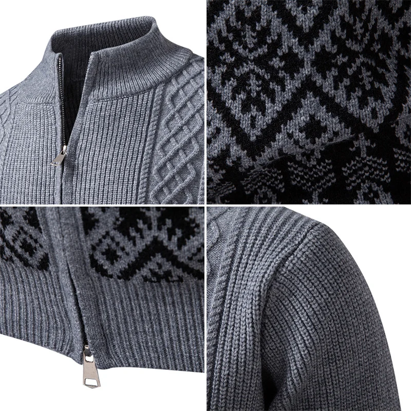 Herren Hochwertige Norweger-Zip-Strickjacke mit Zopfmuster und Stehkragen Drune