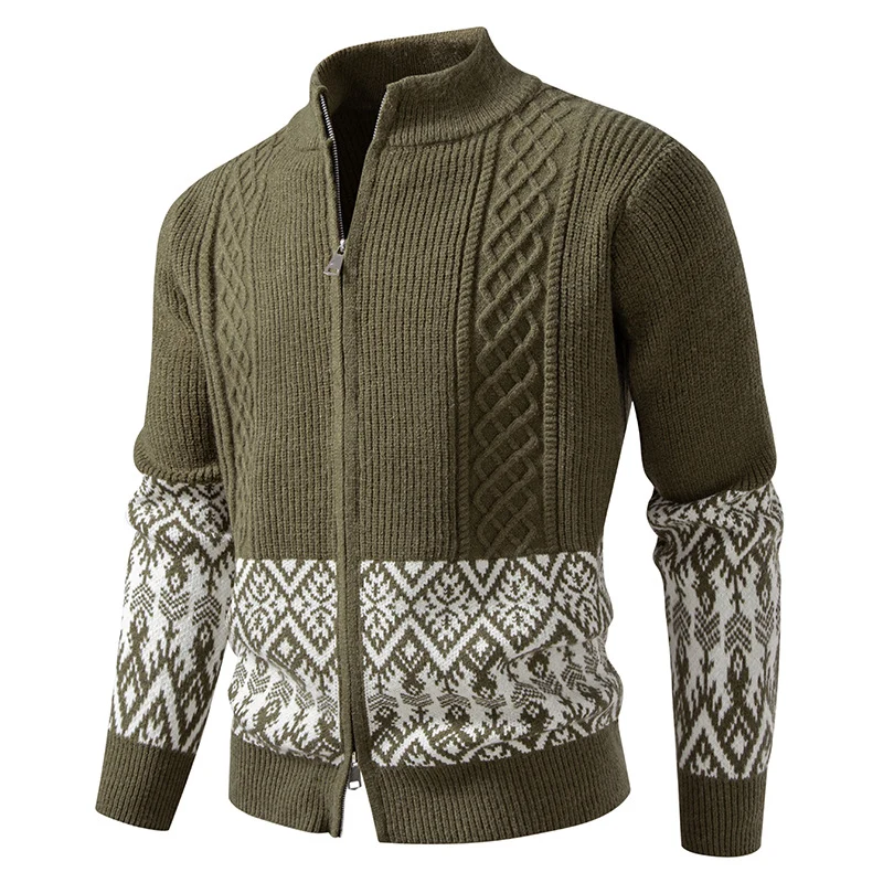 Herren Hochwertige Norweger-Zip-Strickjacke mit Zopfmuster und Stehkragen Drune