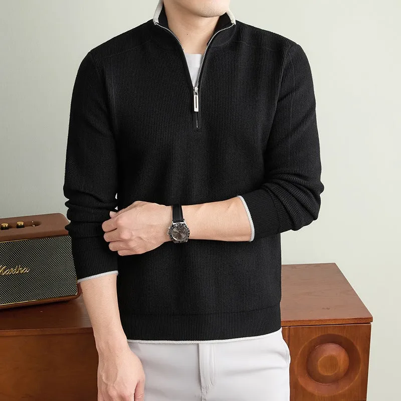 Herren Halbzip-Strickpullover mit Strukturstrick und kontrastiertem Stehkragen Drune