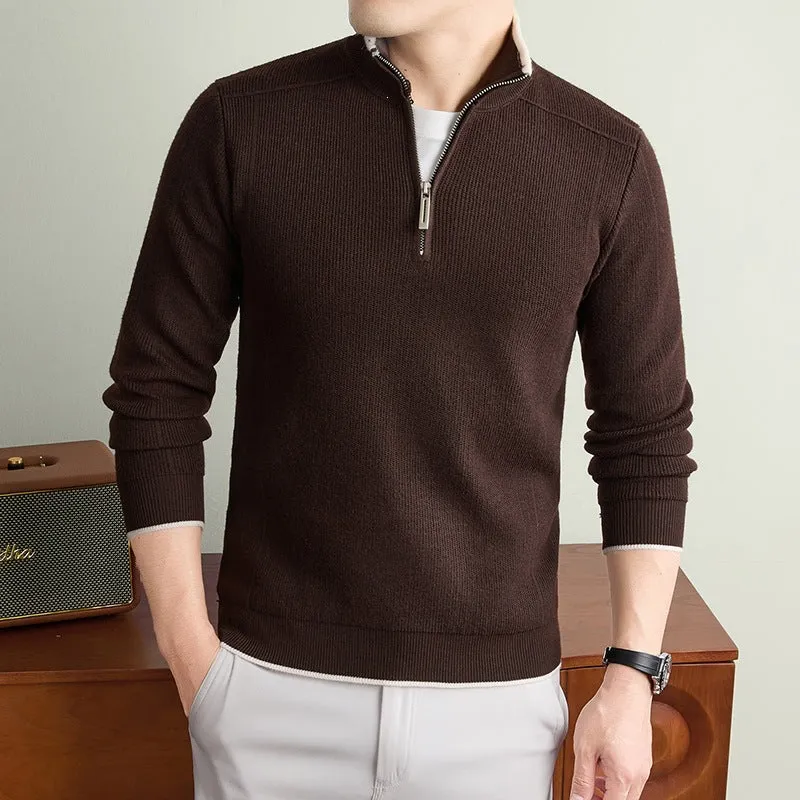 Herren Halbzip-Strickpullover mit Strukturstrick und kontrastiertem Stehkragen Drune