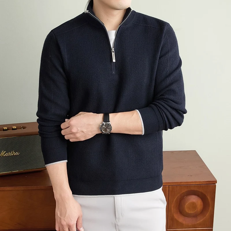 Herren Halbzip-Strickpullover mit Strukturstrick und kontrastiertem Stehkragen Drune