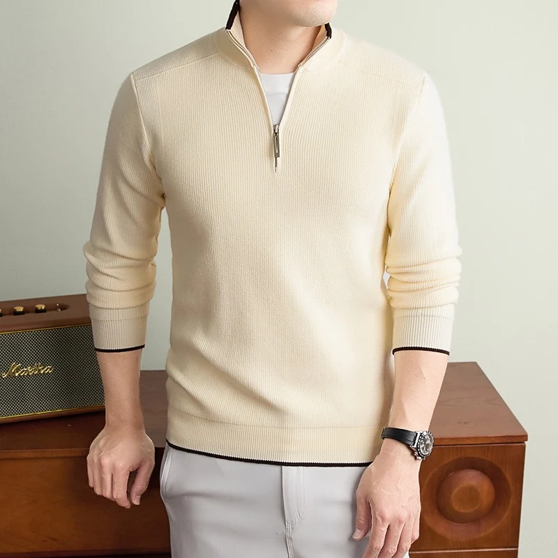 Herren Halbzip-Strickpullover mit Strukturstrick und kontrastiertem Stehkragen Drune