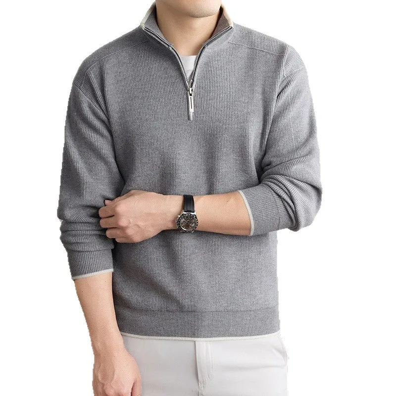 Herren Halbzip-Strickpullover mit Strukturstrick und kontrastiertem Stehkragen Drune