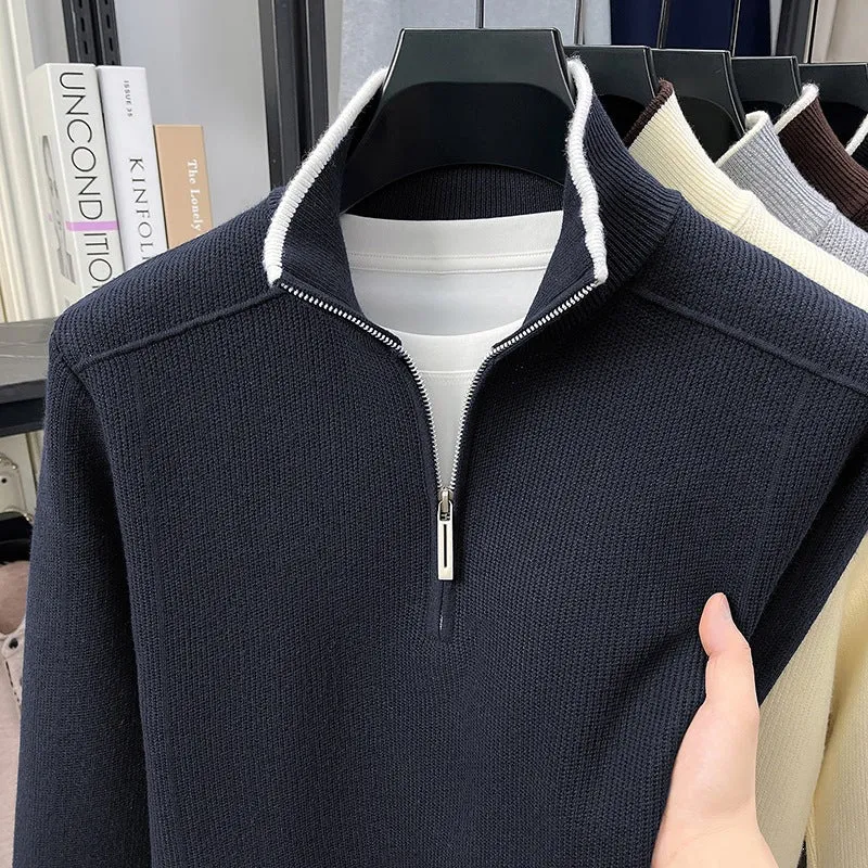 Herren Halbzip-Strickpullover mit Strukturstrick und kontrastiertem Stehkragen Drune