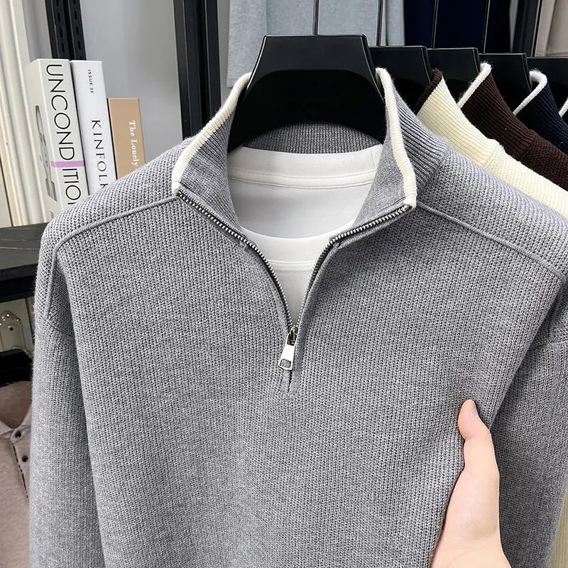 Herren Halbzip-Strickpullover mit Strukturstrick und kontrastiertem Stehkragen Drune