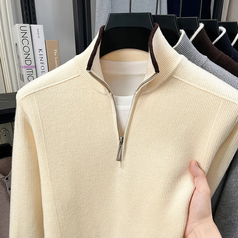 Herren Halbzip-Strickpullover mit Strukturstrick und kontrastiertem Stehkragen Drune